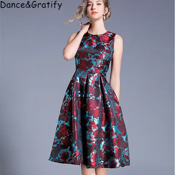 2019 Nye Vintage Sommer O-Hals og Print Udvidelse Streetwear Flower Party Dress Elegance, Komfort Mid-kalv A-Linje One-piece Kjole