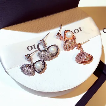 Sølv Farve Søde Shell og Pearl Stud Øreringe Bling Zircon Sten koreanske Øreringe til Kvinder Mode Smykker 2019 Ny