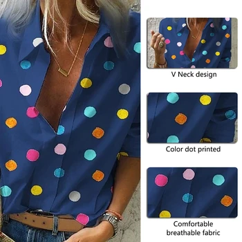 Bluser Kvinde 2020 Farverige Prik Print Bluse Toppe Kvinder Arbejder på Kontor Afslappet langærmet Skjorte blusas V Hals Shirts Plus Størrelse