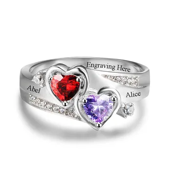 Love Ring Personlig Gravere Navn Tilpasset Hjerte Birthstone Ring 925 Sterling Sølv Ringe For Kvinder Gift (JewelOra RI102502)