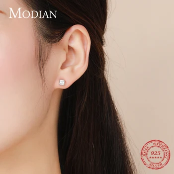 Modian Klassiske Firkantede Klare Cubic Zirconia stud Øreringe er Enkle 925 Sterling Sølv Mode Nitter Øre For Kvinder Fine Smykker