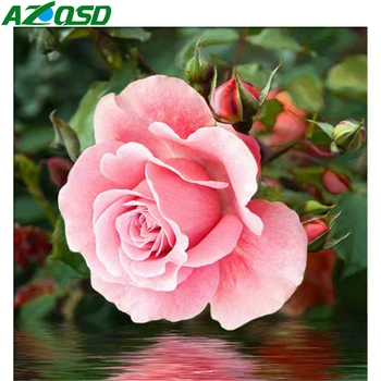 AZQSD 5D Diamant Maleri Pink Rose Fuld Square Bor Diamant Broderi Salg Blomst Komplet Sæt Hjem Dekoration Håndlavet Gave