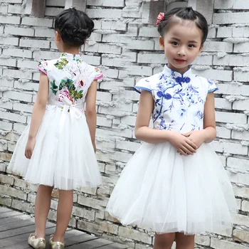 Børn Cheongsam qipao kinesisk kjole robe søde børn 3d blomster broderier og kniplinger splejsning vintage-classic-mini-dress sommeren YY270