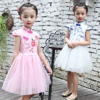 Børn Cheongsam qipao kinesisk kjole robe søde børn 3d blomster broderier og kniplinger splejsning vintage-classic-mini-dress sommeren YY270