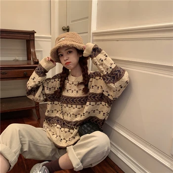 Pullovere Kvinder Bløde Efteråret O-hals Sweater Smarte Daglige Toppe Dame Pullover Sød Student Stribet Harajuku Strikkede Løs Outwear