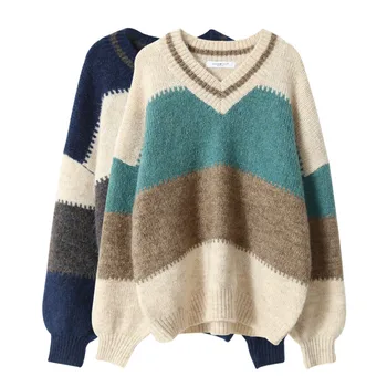 PEONFLY Efteråret V-Hals Sweater Kvinder Vintage Bluse Stribet Strikket Trøjer Til Kvinder Harajuku Sweater, Pullover Vinter Varm