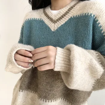 PEONFLY Efteråret V-Hals Sweater Kvinder Vintage Bluse Stribet Strikket Trøjer Til Kvinder Harajuku Sweater, Pullover Vinter Varm