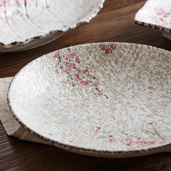 Japan Zakka Stil Keramisk Porcelæn Plader Små Pink Blomster, Der Er Trykt På Glittet Kinesisk Porcelæn Middagstallerken Service