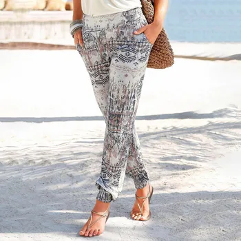 Sommer Bukser For Kvinder 2021 NYE Mode Stranden Print Lommerne Fulde Længde Høj Talje Udskrivning Nem Lange Bukser Sandy Bukser