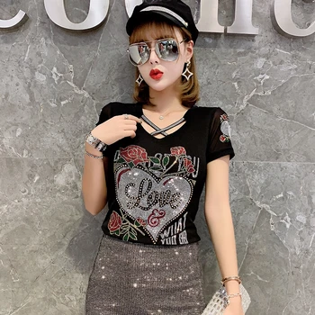 Sommer Fashion koreansk Tøj, T-shirt-Sexet Hule Ud Diamanter Brev Rose Kvinder Toppe Ropa Mujer Patchwork Mesh Tees 2020 T06633