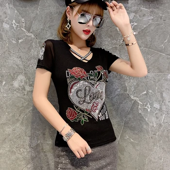 Sommer Fashion koreansk Tøj, T-shirt-Sexet Hule Ud Diamanter Brev Rose Kvinder Toppe Ropa Mujer Patchwork Mesh Tees 2020 T06633