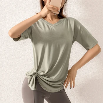 BINAND V-Hals Sport T-shirt Yoga Top Women Løs Hurtig Tør Fitness-Shirt Fitness Top Elastisk Sport T-shirt Solid Kører Yoga-Shirt