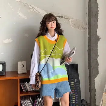 Sweater Vest Kvinder Trykt O-hals koreansk Stil, Casual Løs Mode Piger Outwear Trøjer Alle-match Ærmeløs Teenagere Efteråret