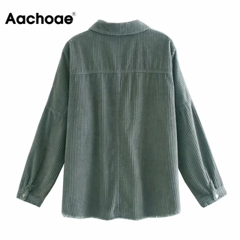 Aachoae Fashion Kvinder Solid Corduroy Jakke Med Lommer 2020 Batwing Lange Ærmer Løs Frakke Kvindelige Turn Down Krave Skjorte Toppe