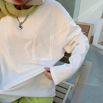 2021 Foråret Efteråret Løs Casual Hvid Langærmet Oversized T-Shirt Kvinder Koreanske Harajuku Sweatshirt Vintage Mode Toppe