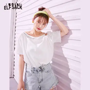 ELFSACK Fast Hvid Minimalistisk Brev Print Casual T-Shirt Kvinder 2020 Sommeren ELF Lilla Ren koreanske Girly Daglige Off-Shoulder Tee