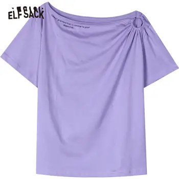ELFSACK Fast Hvid Minimalistisk Brev Print Casual T-Shirt Kvinder 2020 Sommeren ELF Lilla Ren koreanske Girly Daglige Off-Shoulder Tee