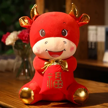 Candice guo søde plys legetøj 2021 Kinesiske nytår mascot Fu lomme heldig kvæg røde okse blød dukke fødselsdag Julegave 1pc