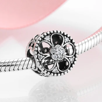 Mode Runde 925 Sterling Sølv DIY hule blomst funklende CZ Perler Smykker gør passe Oprindelige Mikiwuu Charm Bracelet
