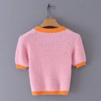2020 Ny koreansk Stil Pink Cardigan Kvinder Efteråret Sød Slank Enkelt Breasted V-neck Crop Top Kvinde Strikket Sweater