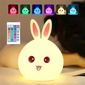 Tegnefilm Kanin LED Nat Lys Remote Touch Sensor Farverige USB Silikone Bunny sengelampe For Børn Baby