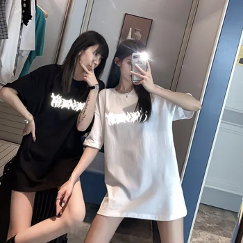 Harajuku Stil Oversize Retro Løs T-shirt Mænd og Kvinder Reflekterende Gradient Par Kort-langærmet Toppe Par