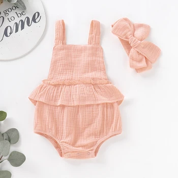 Baby Sommer Clothting Nyfødte Baby Piger Ærmeløs Solid Body Buksedragt Hovedbøjle Tøj Sæt Tøj 6-24 måneder Drop Shipping