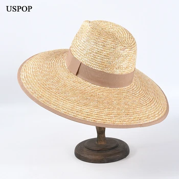 USPOP 2020 Nye sommer hatte kvinder wide brim solhatte naturlige hvede halm hatte kantede jazz crown halm solhatte