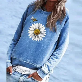 O-hals Vintage Kvinde t-shirts Print Blomst t-Shirt med Lange Ærmer Damer Topst-shirt Dame Tøj Casual Fuld Regelmæssig