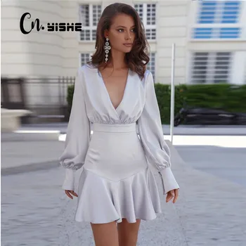 CNYISHE Satin Sexy Lanterne Ærme Part Vintage Kjoler til Kvinder Kjole Dyb V-hals Elegant A-line Mini Kjole Solid Robe Vestidos