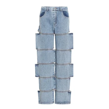TWOTWINSTYLE Casual Straight Jeans Til Kvinder af Høj Talje Bred Ben Hule Ud Streetwear Kvindelige 2020 Efterår Mode Nyt Tøj