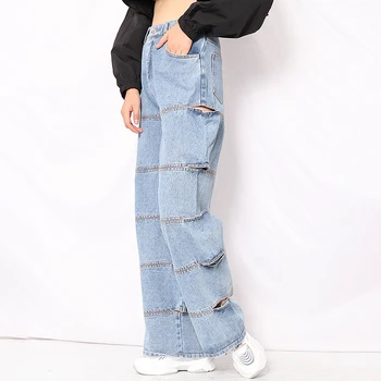 TWOTWINSTYLE Casual Straight Jeans Til Kvinder af Høj Talje Bred Ben Hule Ud Streetwear Kvindelige 2020 Efterår Mode Nyt Tøj
