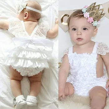 Nyfødte Baby Piger Flæsekanter Hvide Blonder Blomster Romper Backless Sløjfeknude Sunsuit Fødselsdag Tutu Tøj