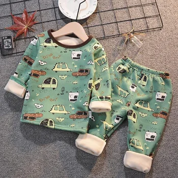 2 stk/sæt Baby Homewear Termisk Undertøj til Børn Tegnefilm Varmt Undertøj til Børn Plus Velour Pyjamas Småbørn Tøj