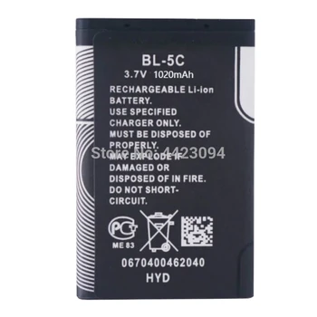 10stk 3,7 V 1020mAh BL-5C, Li-ion Batteri Til Nokia 1000 1010 1108 1110 1112 1116 E50 E60 N70 6680 2020 BL5C BL-5C-Batterier