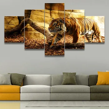 Canvas HD Udskriver Billeder, Væg Kunst, Modulær Ramme Til stuen Hjem Dekorative 5 Stykker Dyr Tiger Malerier Plakat
