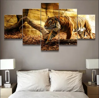 Canvas HD Udskriver Billeder, Væg Kunst, Modulær Ramme Til stuen Hjem Dekorative 5 Stykker Dyr Tiger Malerier Plakat