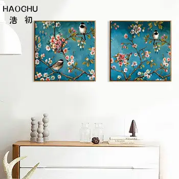 HAOCHU Kinesiske blomst og fugl mønster lærred maleri væg kunst plakat wall sticker dekorative maleri væg maleri hjem deco -