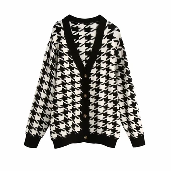 Vintage V-Hals Plaid Strikket Oversize Sweater Vinter Tøj College Slank Langærmet Cardigan Sweater Casual Løs Smarte Top