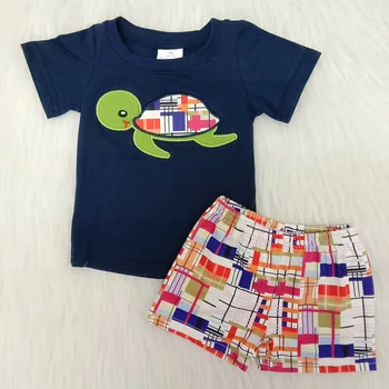 RTS baby drenge tøj kortærmet shirt, shorts design skildpadde broderi børn boutique-outfits børn 2stk sommeren over havet sæt