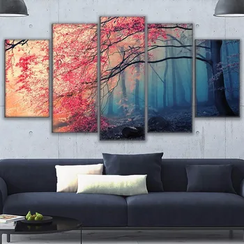Modulære HD Udskriver Maleri Væg Kunst Ramme Red Tree Forest Lærred, Plakat 5 Stykker Cherry Blossoms Natur Pictures Home Decor