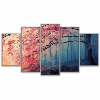 Modulære HD Udskriver Maleri Væg Kunst Ramme Red Tree Forest Lærred, Plakat 5 Stykker Cherry Blossoms Natur Pictures Home Decor