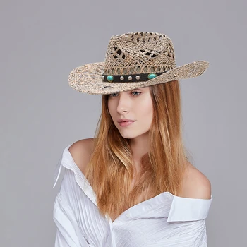 GEMVIE Nye Halm Vestlige Cowboy Hat Til Kvinder, Tøser Sommer Hatte Til Lady solhat Med Læder Beaded Bælte-Stranden og Cap Panama