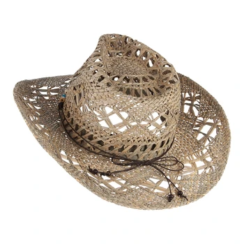 GEMVIE Nye Halm Vestlige Cowboy Hat Til Kvinder, Tøser Sommer Hatte Til Lady solhat Med Læder Beaded Bælte-Stranden og Cap Panama