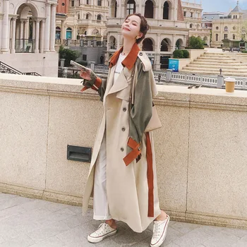 Helt Nye Mode Kvinders Trench Coat Colorblock Lange Dobbelt-Breasted med Bælte Dame Vindjakke Foråret Efteråret Overtøj Tøj