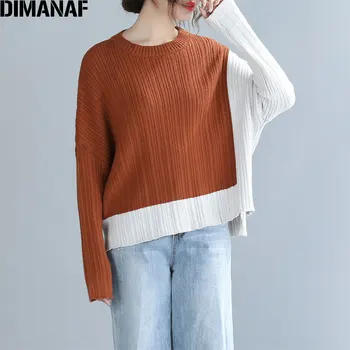 DIMANAF Efteråret Plus Size Kvinder Sweater Strikket Pullover Kontor Dame Toppe Patchwork Lange Ærmer Mode Afslappet Kvinde Tøj
