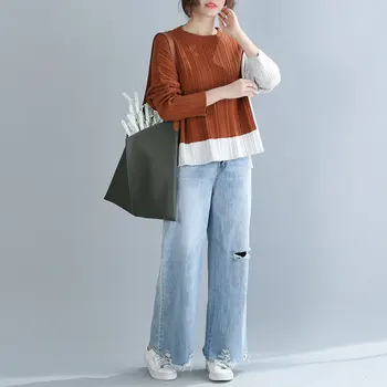 DIMANAF Efteråret Plus Size Kvinder Sweater Strikket Pullover Kontor Dame Toppe Patchwork Lange Ærmer Mode Afslappet Kvinde Tøj
