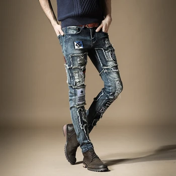 Gratis Forsendelse Nye mænd mandlige denim jeans Efteråret broderet slanke fødder bukser, mode, hip-hop rock bølge casual bukser 73%bomuld