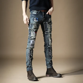 Gratis Forsendelse Nye mænd mandlige denim jeans Efteråret broderet slanke fødder bukser, mode, hip-hop rock bølge casual bukser 73%bomuld
