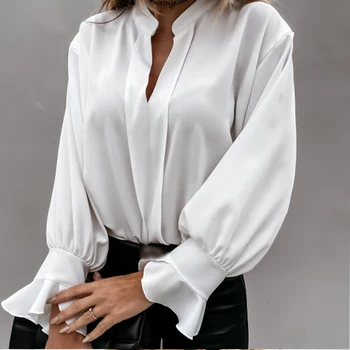 Flæsekanter Flare Ærmet Kvinders Bluse Shirt Solid V-Hals Lace Up Løse Bluser Kvinder 2021 Forår Mode enkle Casual Top Kvinde